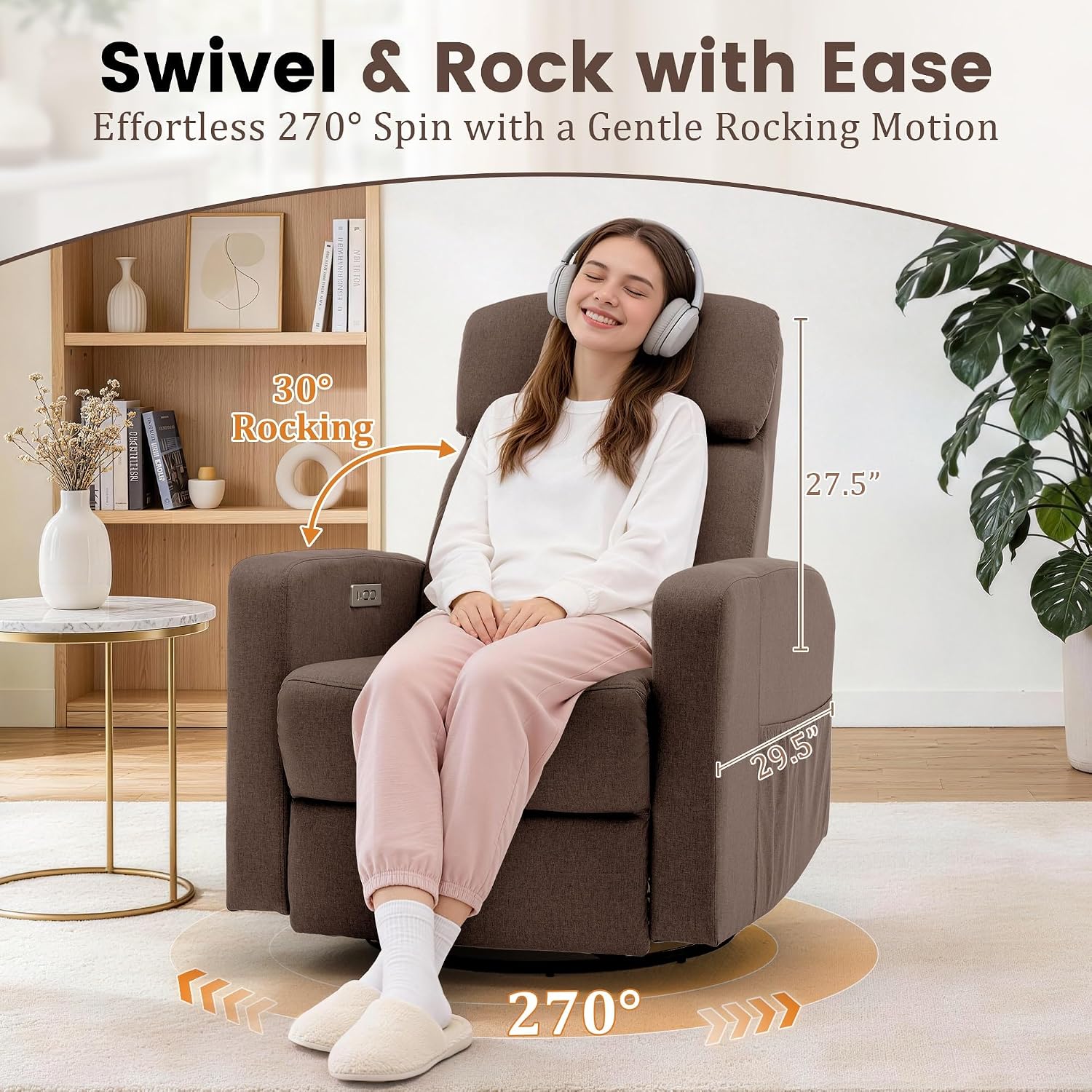 Korser Power Swivel Recliner Chairs for Adults, Electric Glider Rocking Chair Nursery, Glider Recliner Nursery Chair with Classified Side Pocket, Nursery Rocking Chairs with USB and Type-C Ports