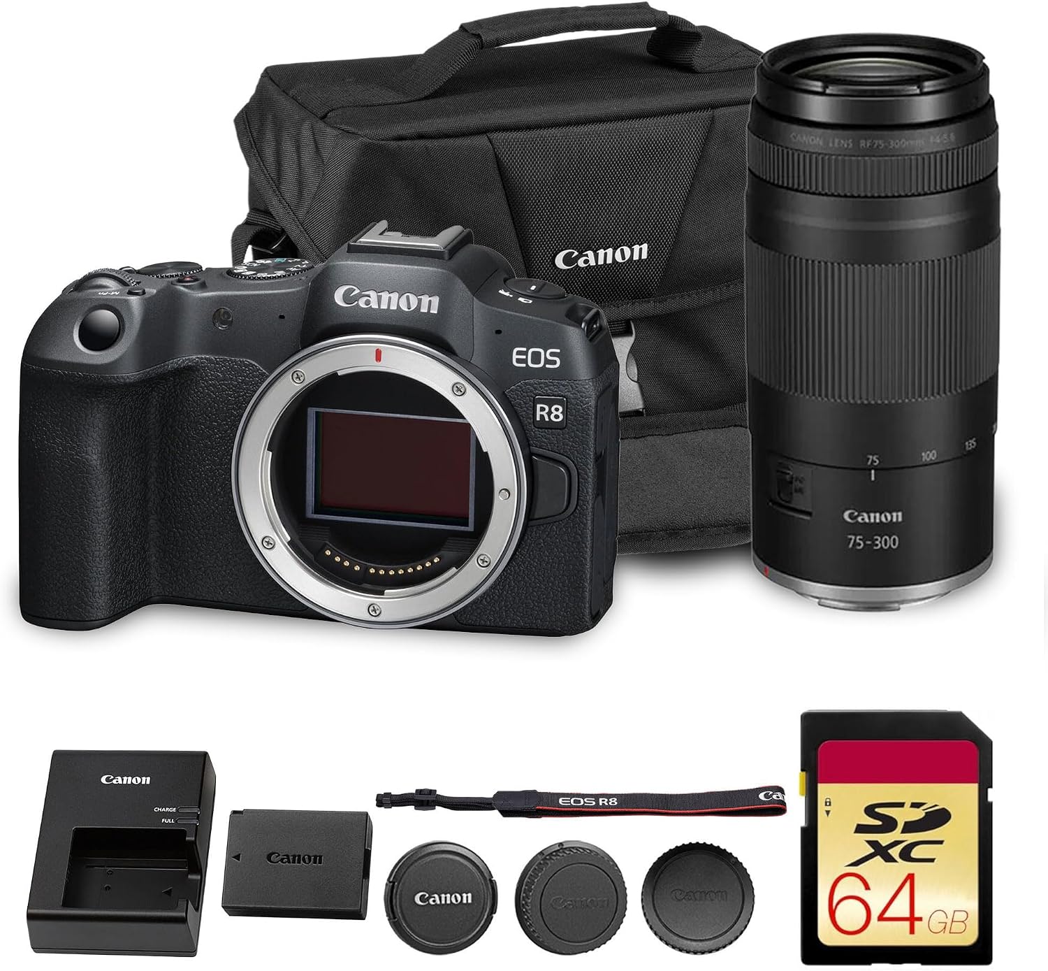 Canon EOS R8 Mirrorless Camera | 24.2MP Full Frame Sensor 4K 60p Video | Compact Lightweight Hybrid Camera for Travel and Content (5803C002) + Canon RF 75-300mm Lens + 64GB Card + Bag
