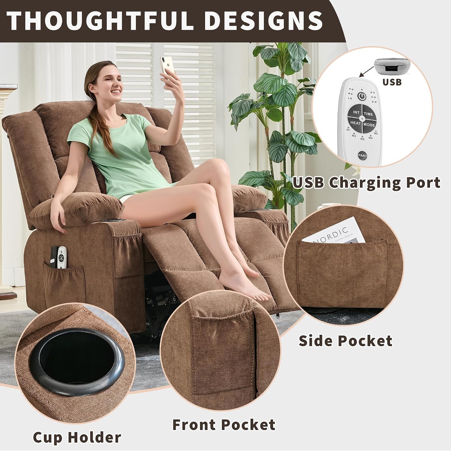 Garvee Power Lift Recliner Chair with Massage and Heat for Elderly Adults Lazy Boy Single Sofa Seat with 3 Positions 2 Side Pockets Cup Holders USB Ports Remote Control