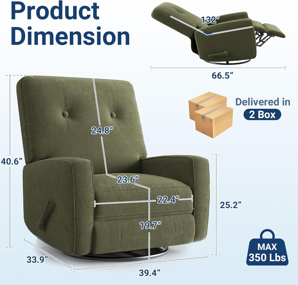 Garvee Nursery Recliner Chair, 360° Swivel Rocking Glider Chair for Adults with Adjustable Backrest & Footrest, Cozy Corduroy Upholstered Armchair for Living Rooms, Bedrooms, Apartments, Green