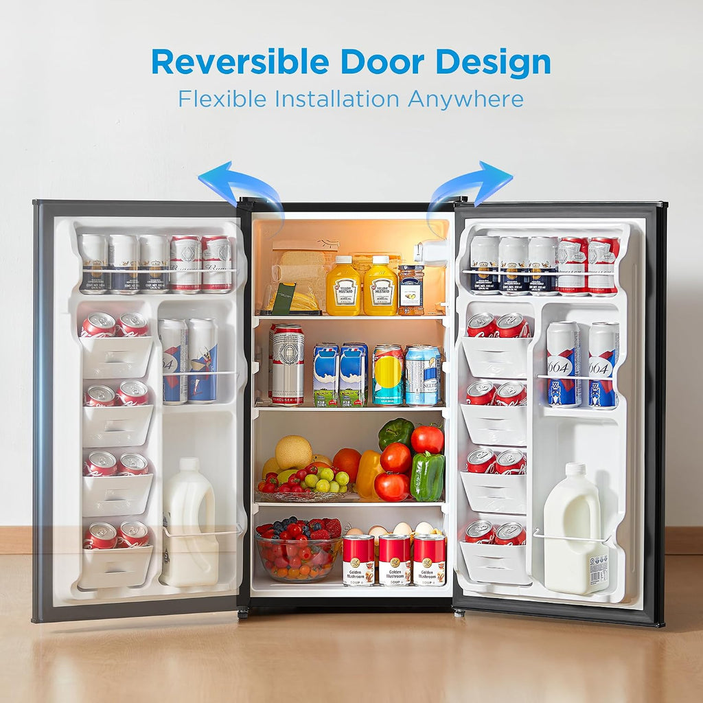 Midea MERM33S1ABB Mini Fridge, 3.3 Cu.ft Compact Fridge with Internal Light, Adjustable Thermostat, Reversible Door, Low Noise for Dorm, Office, Bedroom Black