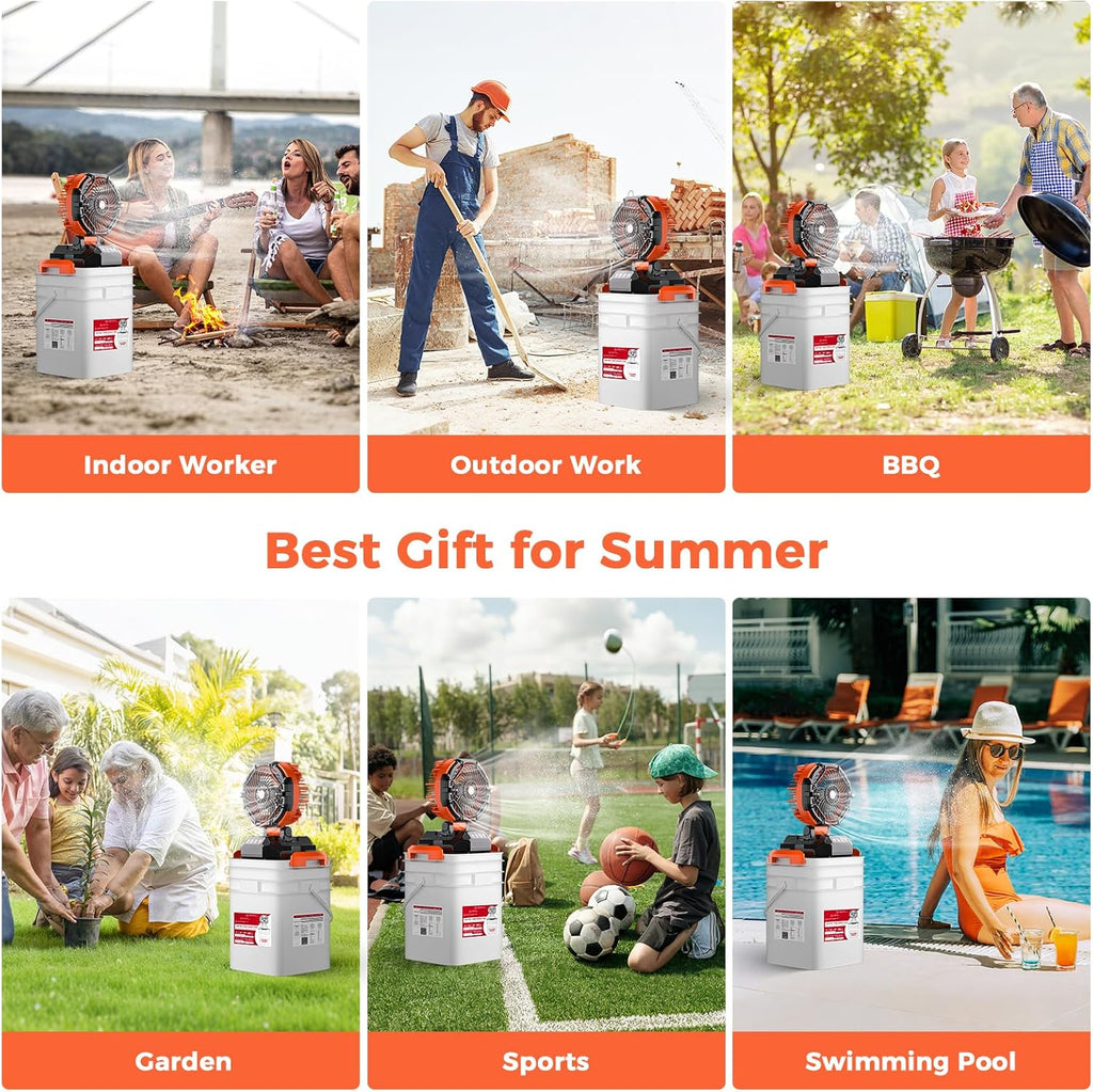 Portable Misting Fan with Bucket, 30000mAh Rechargeable Battery Powered Floor Cooling Fan with 4 Strong Winds, 4 Spray Mister, Adjustable Base for 10-13in Bucket for Camping, Beach, Patio-Orange