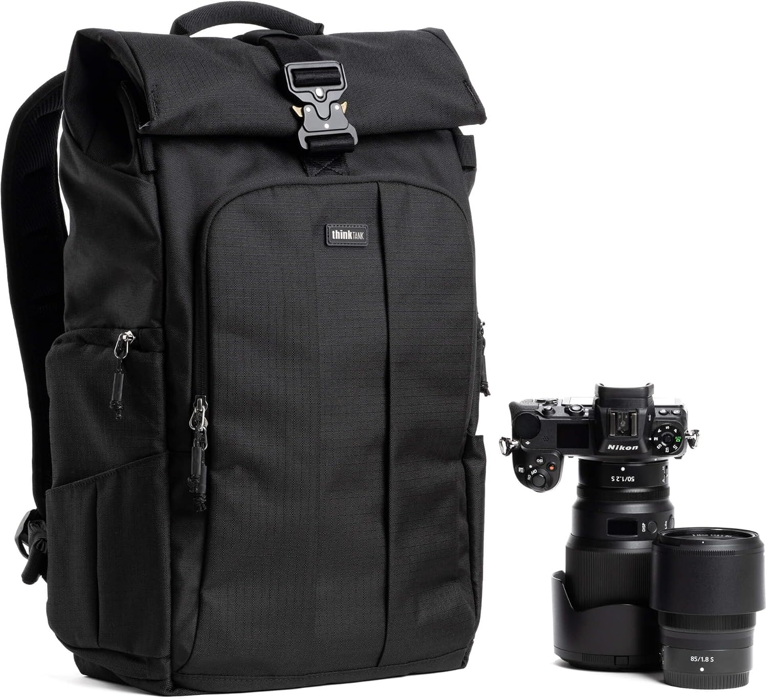 Think Tank FocusPoint 30L RollTop Camera Backpack - Asphalt Black: Expandable Travel & Camera Backpack with Laptop Sleeve, Quick Side and Back Access, Rain Cover – Versatile Photography & Travel Bag