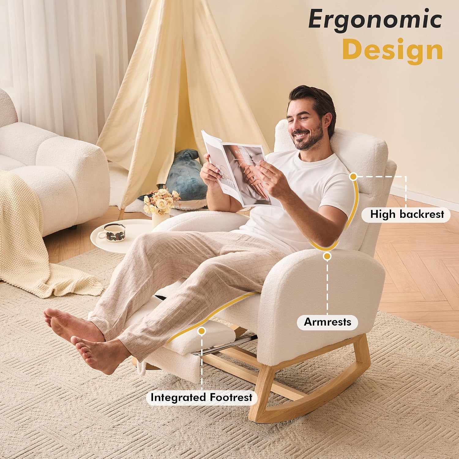 FOXHUNTER Rocking Chair for Nursery with High Backrest & Foot Rest-Nursery Rocking Chairs with Side Storage Pocket for Breastfeeding,Modern Glider Chair for Baby Bedroom,Living Room,Teddy White