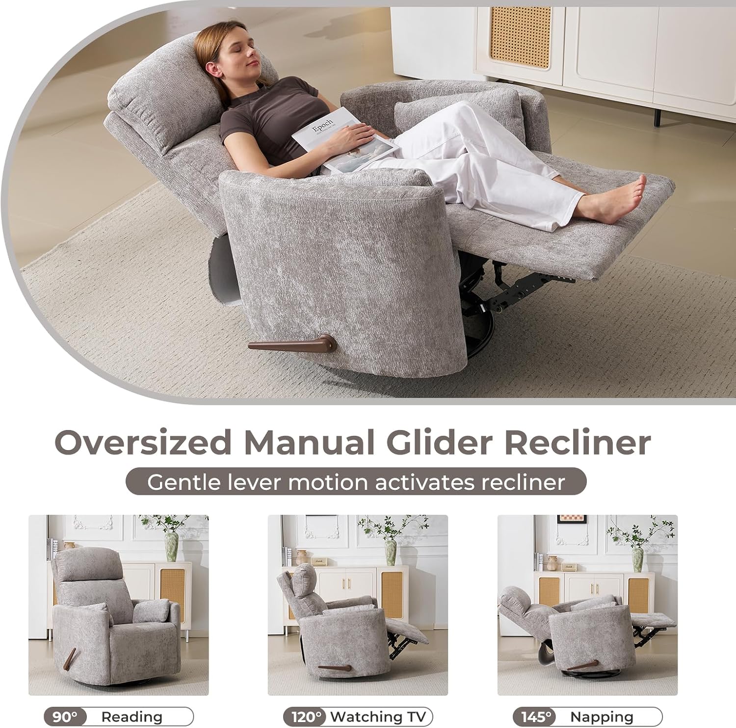 Oversized Swivel Rocker Recliner Chair with Massage and Heat, Manual Swivel Glider Rocker Recliner with 2 Bolster Pillows, Rocking Nursery Chair with Storage Ottoman , Adjustable Headrest, Light Grey