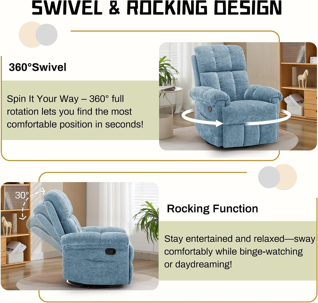 Korser Recliner Chair, Swivel Rocker Recliner Chair for Adults, Small Recliners for Small Spaces, Manual Recliner Chair with Side Pockets, Nursery Rocking Chair for Living Room, Chenille, Airy Blue