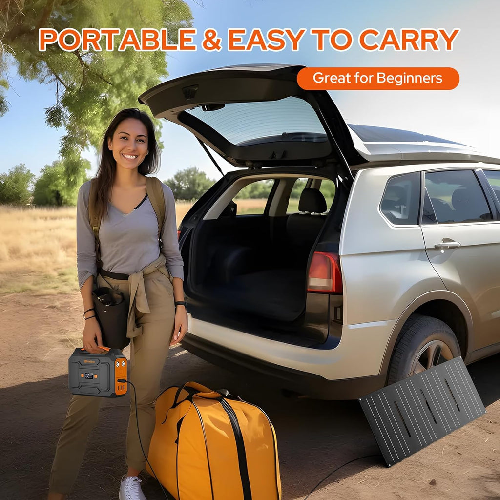 Solar Power Station with Foldable Solar Panel 60W, 110V 100W AC Outlet Camping Portable Solar Power Bank Generator with Panels Included,Portable Battery Pack for Laptop Smart Device RV Outdoor Backup