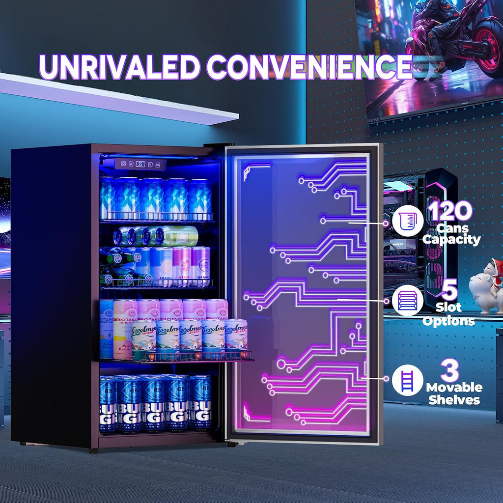 Manastin Gaming Light Up Beverage Refrigertor, Led Lighting Door 120 Cans Freestanding Beverage Fridge, Cyberpunk Beverage Cooler for Gaming, Gaming Room, Bar, Party (Lighting)