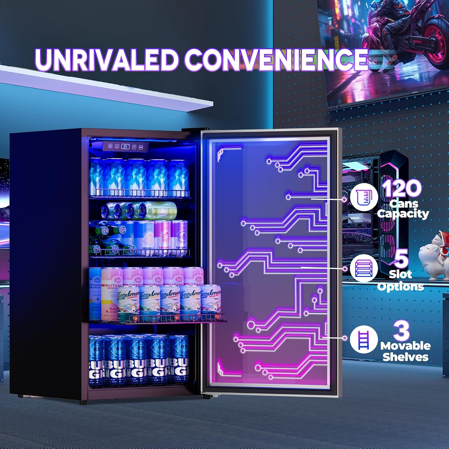 Manastin Gaming Light Up Beverage Refrigertor, Led Lighting Door 120 Cans Freestanding Beverage Fridge, Cyberpunk Beverage Cooler for Gaming, Gaming Room, Bar, Party (Lighting)