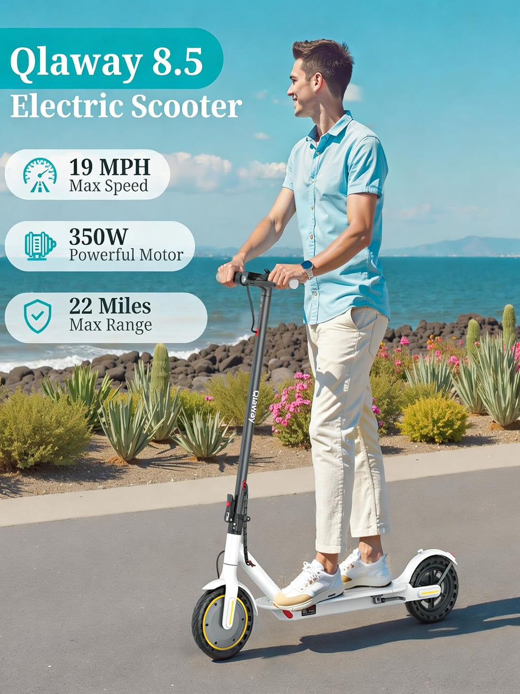 Qlaway Electric Scooter for Adults, 350W/500W Motor, 16-22 Miles Range, 8.5'/10' Solid Tires, Dual Braking & Suspension, Folding Portable Commuting E-Scooter with App