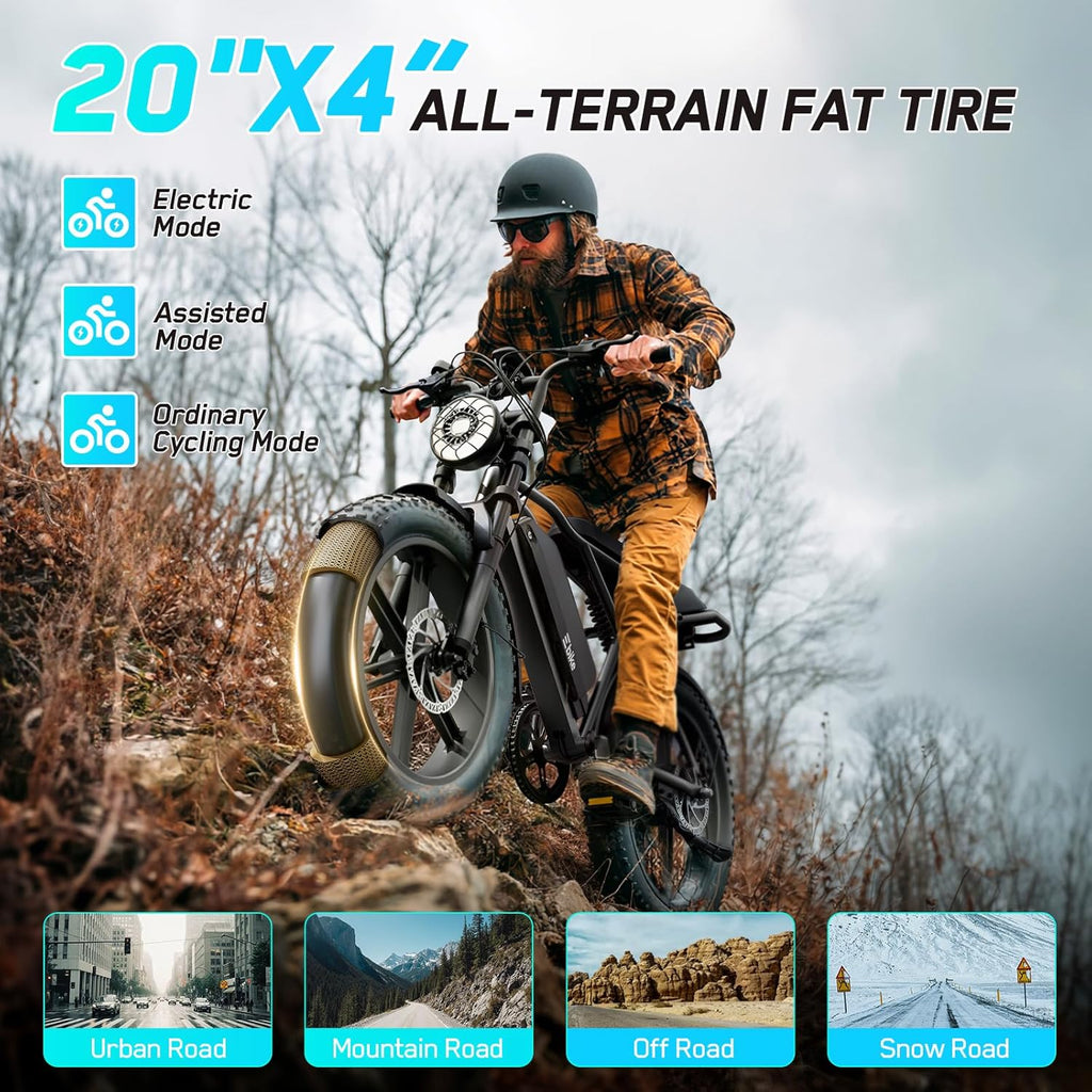 TST Electric Bike for Adults, 1500W Peak Motor 60 Miles Fat Tire Ebike with 48V 15Ah Removable Battery 20' Fat Tire Electric Bike, Full Suspension and 7-Speed