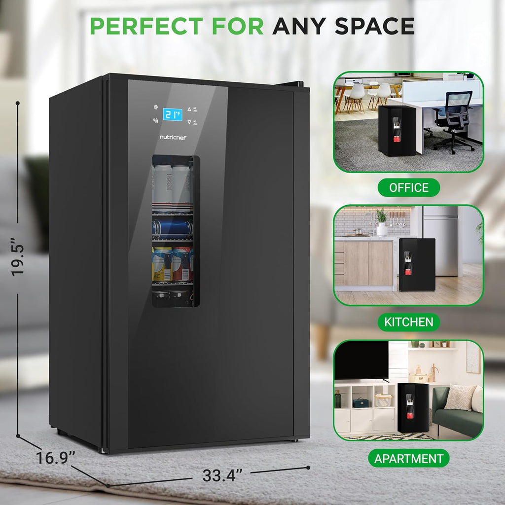 Nutrichef Beer Fridge 108 Can Capacity | Freestanding Beverage Refrigerator with Glass Door for Beer & Soda | Adjustable Temperature 21°F to 64°F | Adjustable Shelves | 19 x 17 x 33 IN | Black