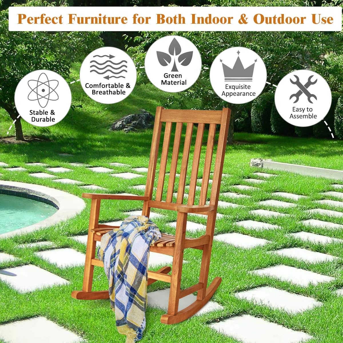 Giantex Rocking Chair Acacia Wood Frame, Porch Rocker Outdoor& Indoor for Garden, Lawn, Balcony, Backyard and Patio Porch Rocker (2, Natural)