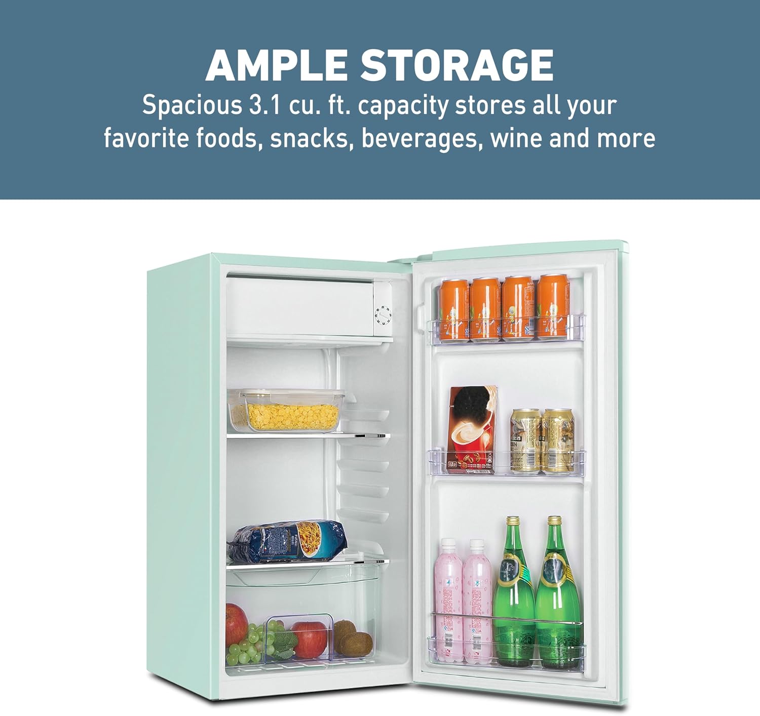 West Bend Mini Fridge for Bedroom, Office, Bar or College Dorm Room, Retro Compact Refrigerator features single door, glass shelves and adjustable temperature control, 3.0-Cu.Ft., Seafoam Green
