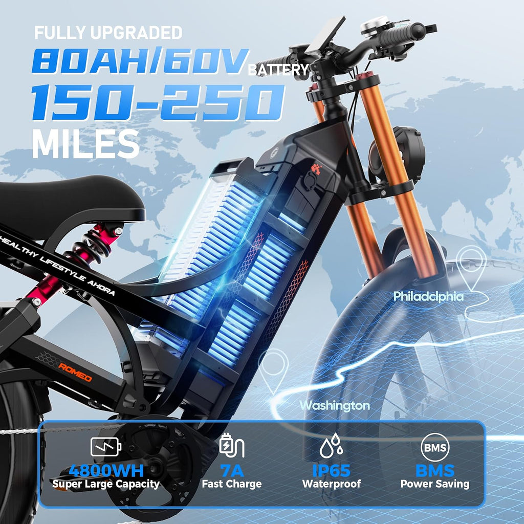 eAhora 2026 Romeo Pro 3/2 50-46Mph Electric Bike for Adults 5600W/4000W/2500W Dual Motor Ebike 60V/80Ah 52V/70Ah Long Range Fat Tire Full Suspension Electric Mountain Bicycle