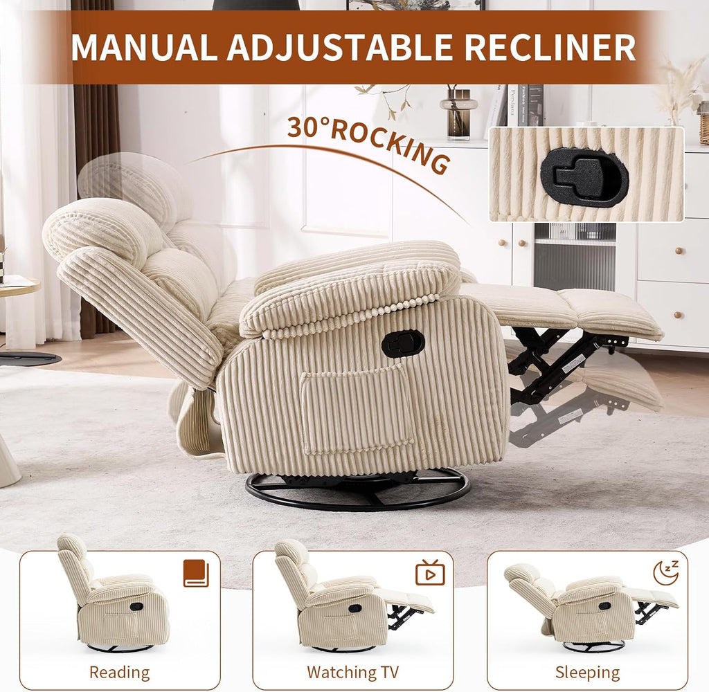 Adult 360° Rocking Recliner Chair，Nursery Rocker Reclining Chair with Side Pocket, a Comfy upholstered Single Sofa Armchair. Suitable for Living Room, Bedroom Nursing use, Velvet Fabric in Beige