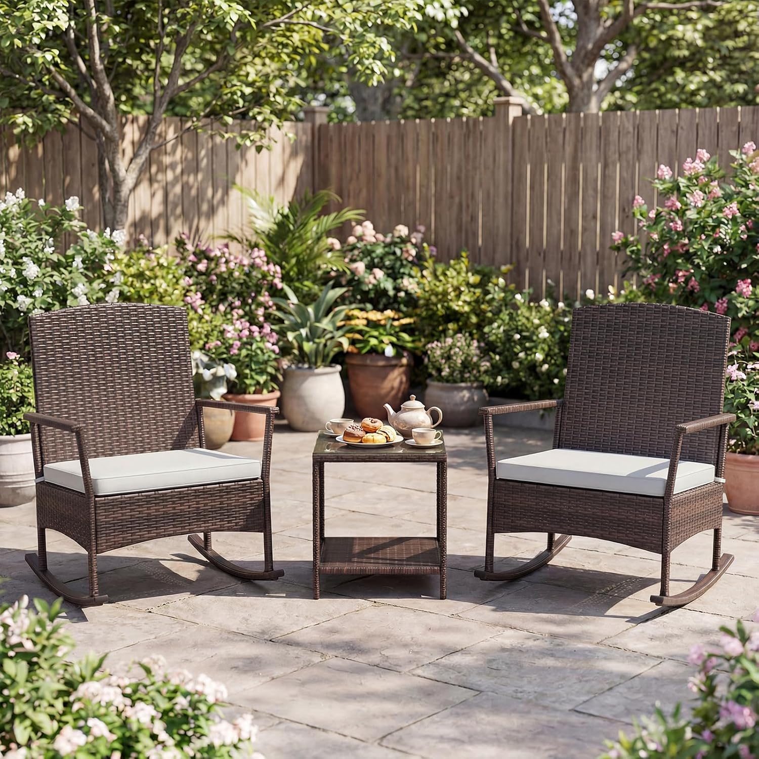 Tangkula 3 Pieces Rocking Wicker Bistro Set, Outdoor Front Porch Rocker Chairs Conversation Set with 2-Tier Tempered Glass Coffee Table and Thick Cushions for Garden, Balcony, Poolside (Off White)