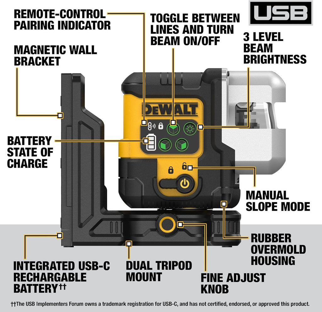 DEWALT USB Rechargeable Green 3X180° Line Laser Base Kit (DCLE14301GB)