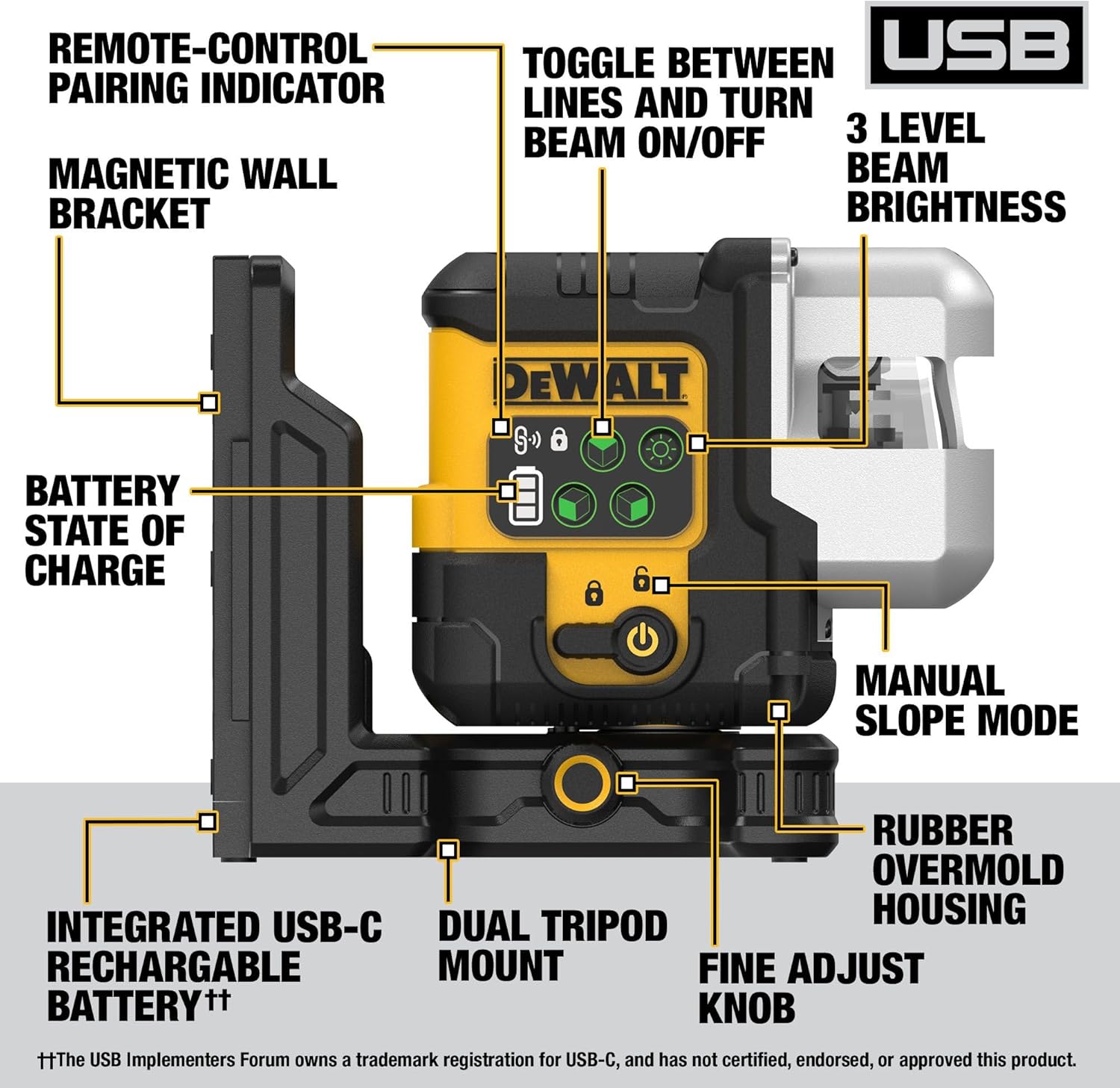 DEWALT USB Rechargeable Green 3X180° Line Laser Base Kit (DCLE14301GB)