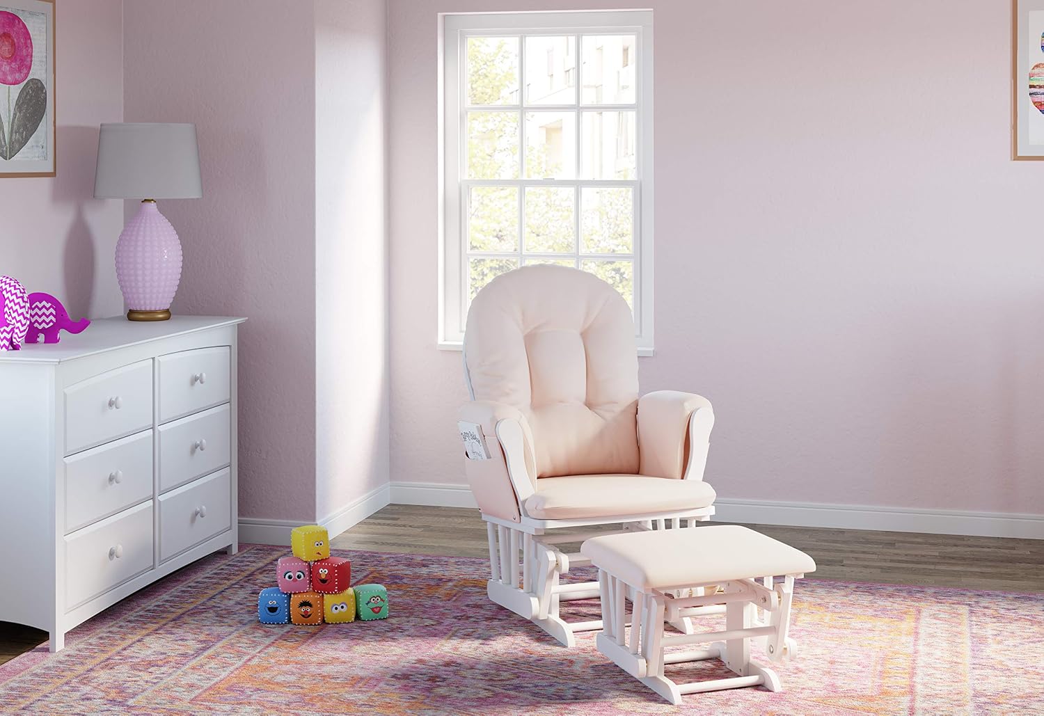Storkcraft Premium Hoop Glider & Ottoman (White/Pink) — GREENGUARD Gold Certified Nursery Glider, Solid Wood Craftsmanship, Smooth-Gliding Nursery Chair and Ottoman, Award-Winning