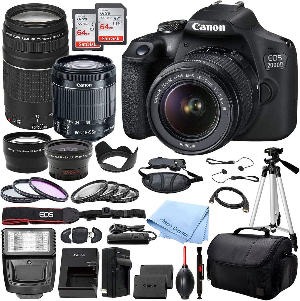 Canon EOS 2000D (Rebel T7) DSLR Camera with EF-S 18-55mm DC III & 75-300mm III Lenses & Deluxe Accessory Bundle – Includes: 2X SanDisk Ultra 64GB SDHC Memory Card, Spare Battery, & More (Renewed)