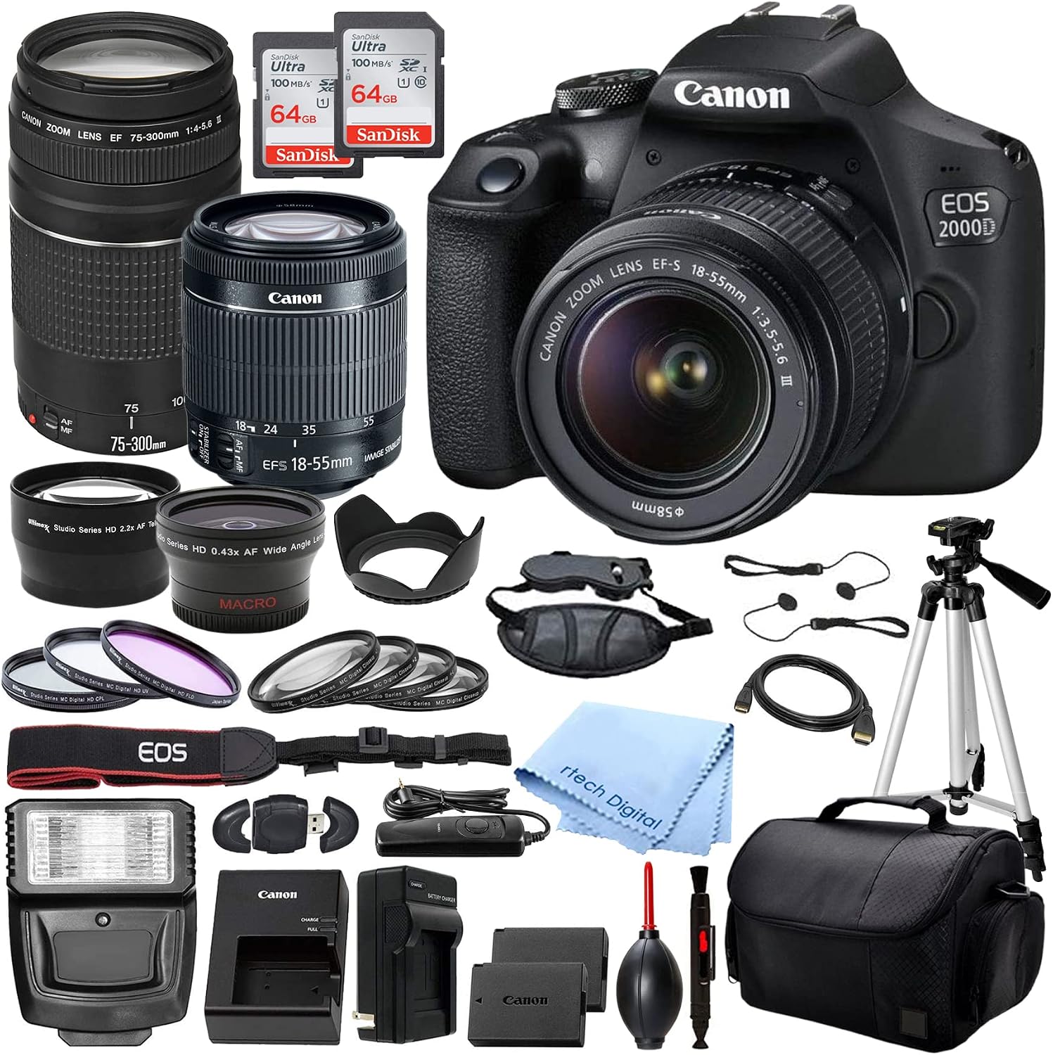Canon EOS 2000D (Rebel T7) DSLR Camera with EF-S 18-55mm DC III & 75-300mm III Lenses & Deluxe Accessory Bundle – Includes: 2X SanDisk Ultra 64GB SDHC Memory Card, Spare Battery, & More (Renewed)