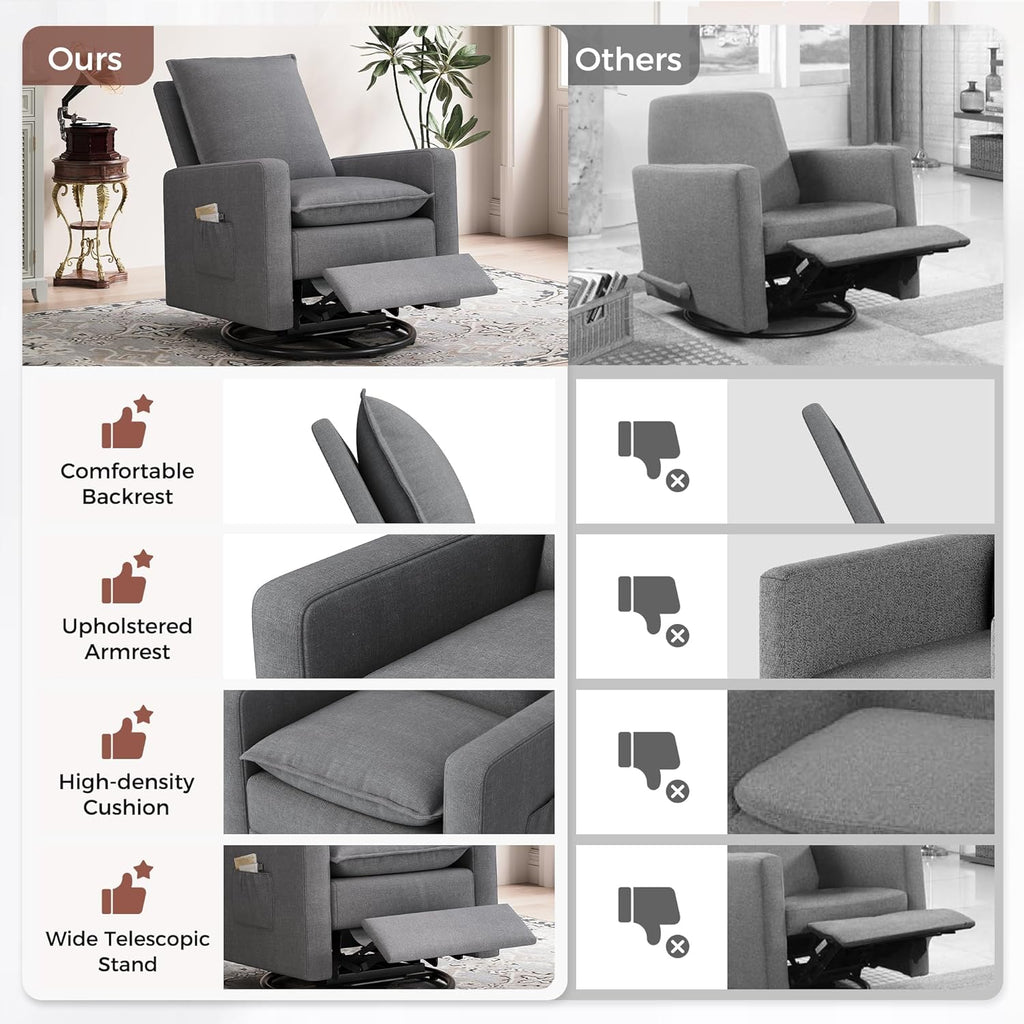 Amopatio Nursery Rocking Recliner, 360° Swivel Glider Chair with Adjustable Backrest, 20° Rocking Nursing Chair, High-Density Cushion Lounge Chair for Nursery Living Room Reading Rest(300 LBS)