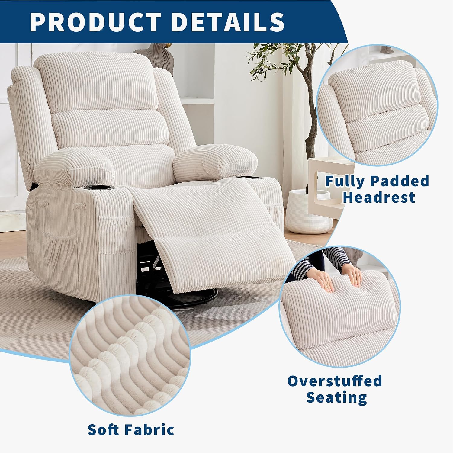 Rocking Recliner Chair for Adults Wide 360° Swivel Rocker Recliner with Cup Holder Nursery Glider with Upholstered Deep Seat Corduroy Lazy boy Chair for Living Room Beige
