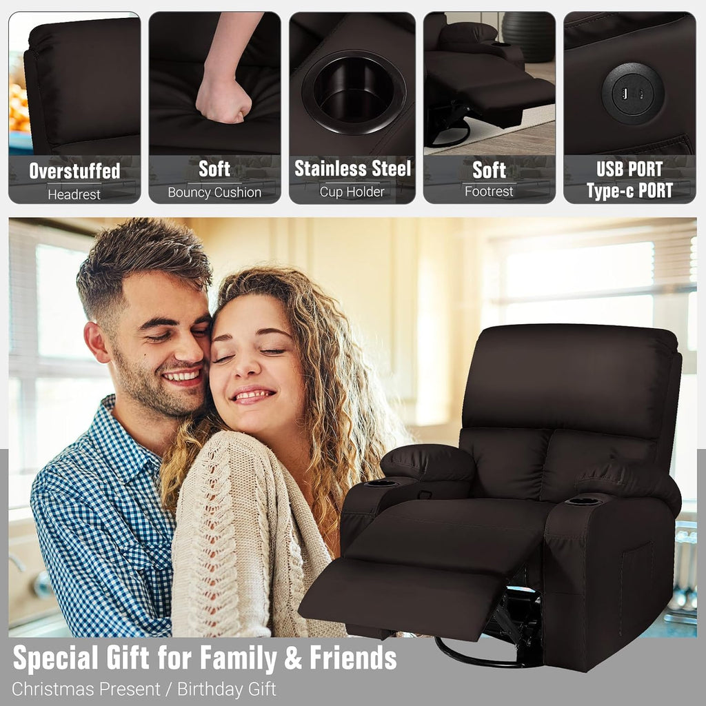 LAFWELL Rocking Recliner Chair, Massage Rocker Recliner Chair with Vibration Massage and Heat, USB and Type-C Ports,360° Swivel Faux Leather Chairs, Living Room, Bedroom, Nursery, RV, Brown