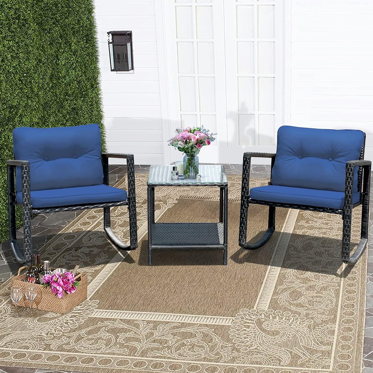 Tangkula 3 Pieces Patio Wicker Rocking Bistro Set, Outdoor Rocking Chair Furniture with Cushioned Seat, Conversation Set with Glass Coffee Table and Storage Shelf (Navy Blue)