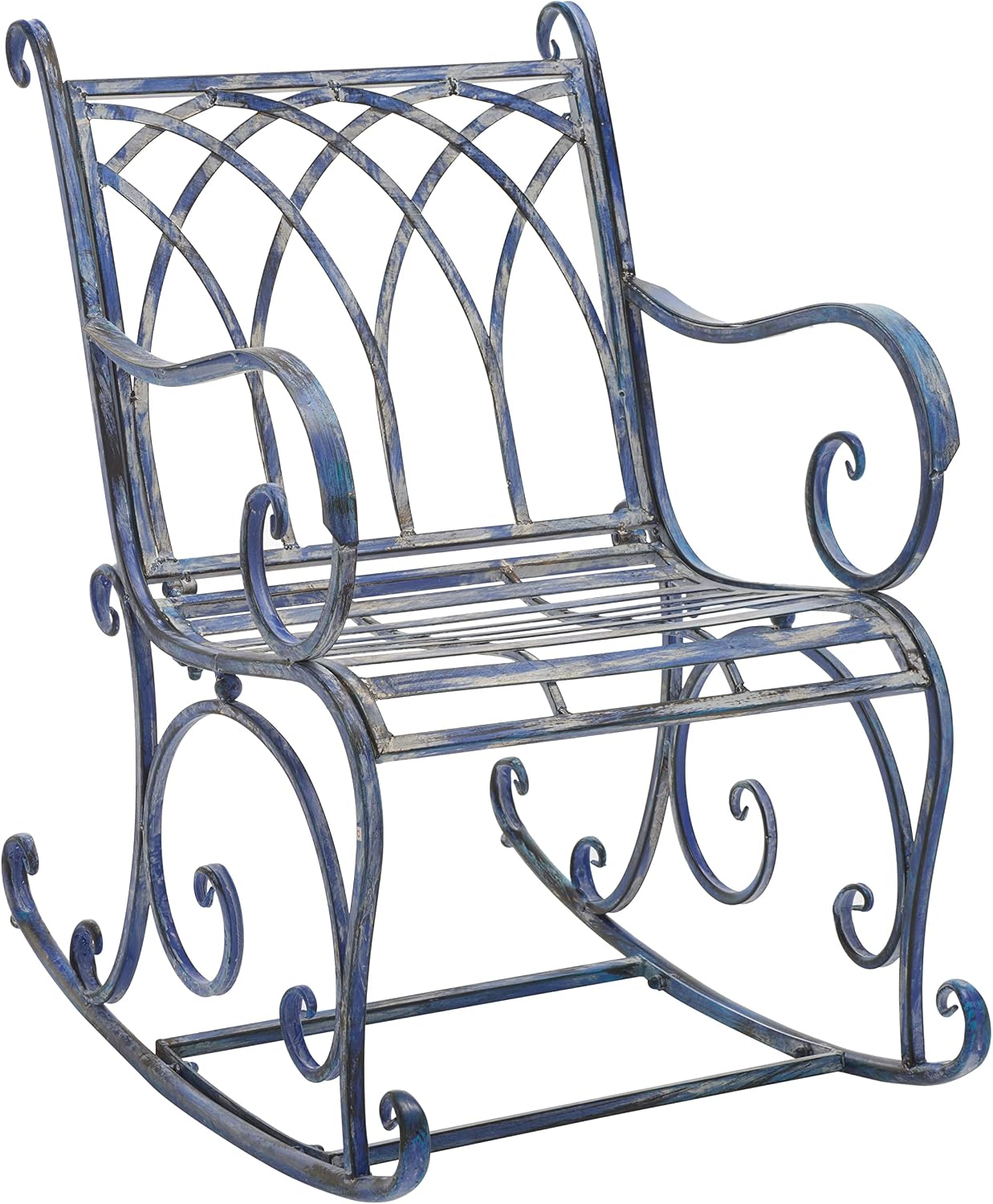 SAFAVIEH Outdoor - Medrano Iron Rocking Chair - Mossy Blue Iron Metal - Vintage Ornate Scrollwork Design - Ideal for Patio, Deck, Porch, Garden, 15' Seat Height (PAT5030C)