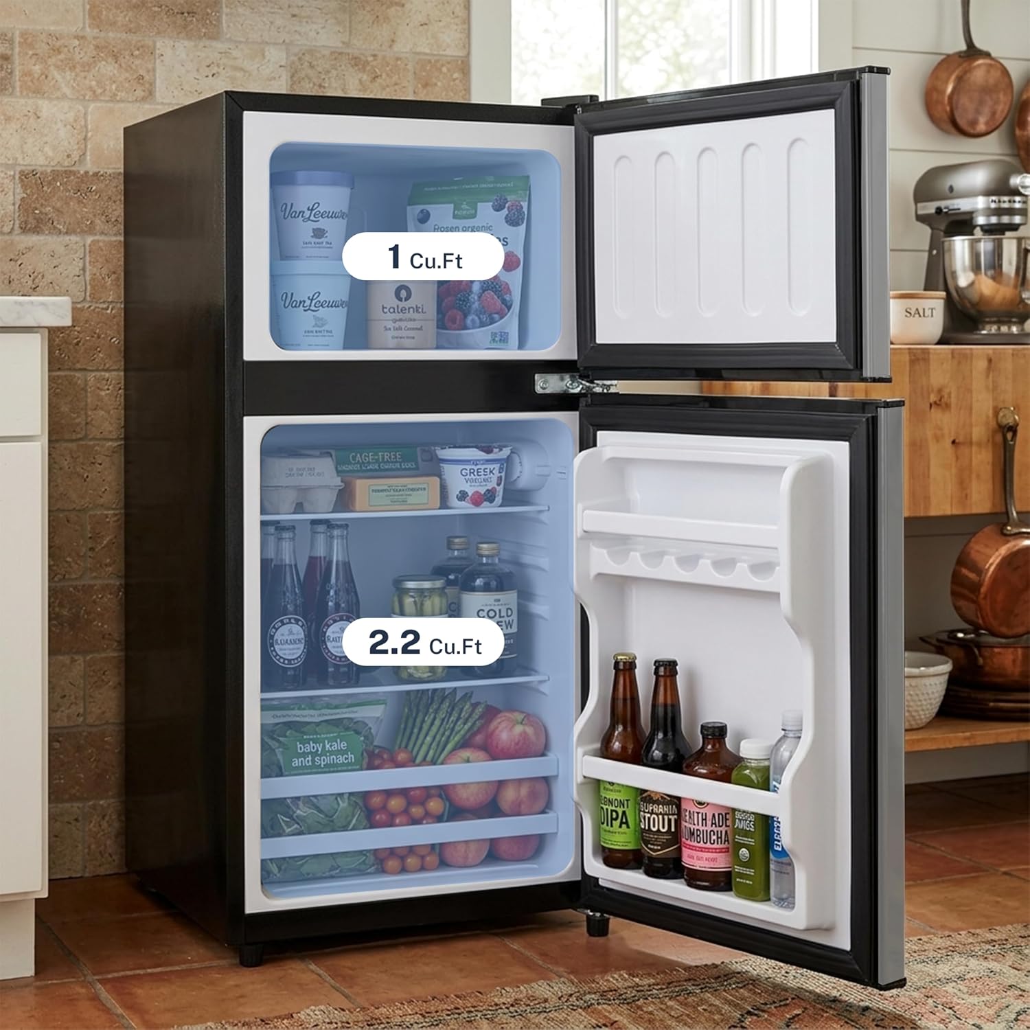 3.2 Cu.Ft Mini Fridge with Freezer, 2 Door Small Refrigerator with Adjustable Thermostat Energy-efficient Low Noise, Compact Fridge for Bedroom, Office, Dorm, Pewter