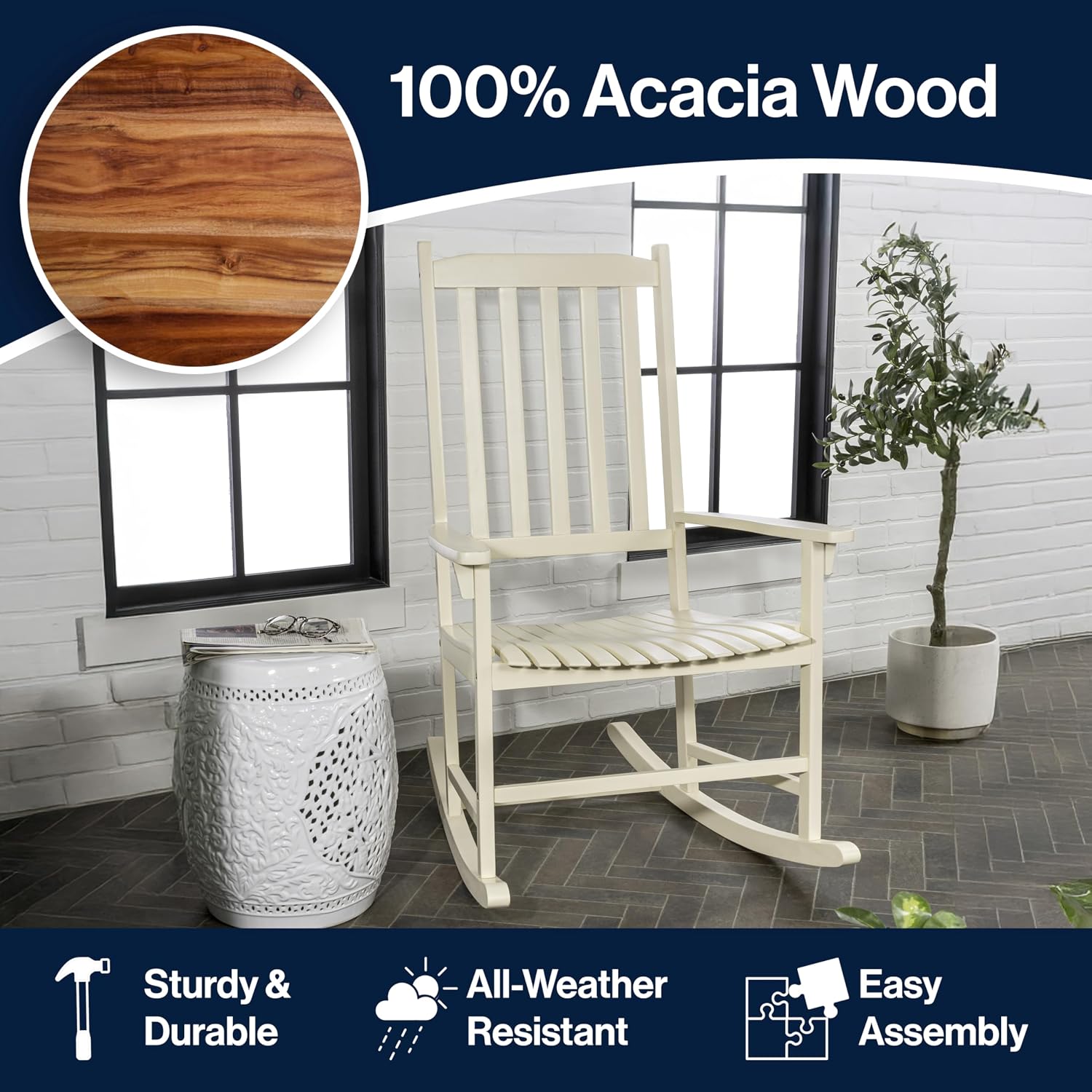 JONATHAN Y RCK300D Seagrove Farmhouse Classic Slat-Back 350-LBS Support Acacia Wood Outdoor Rocking Chair Traditional, Coastal, Cottage, Vintage, Shabby Chic, Almond