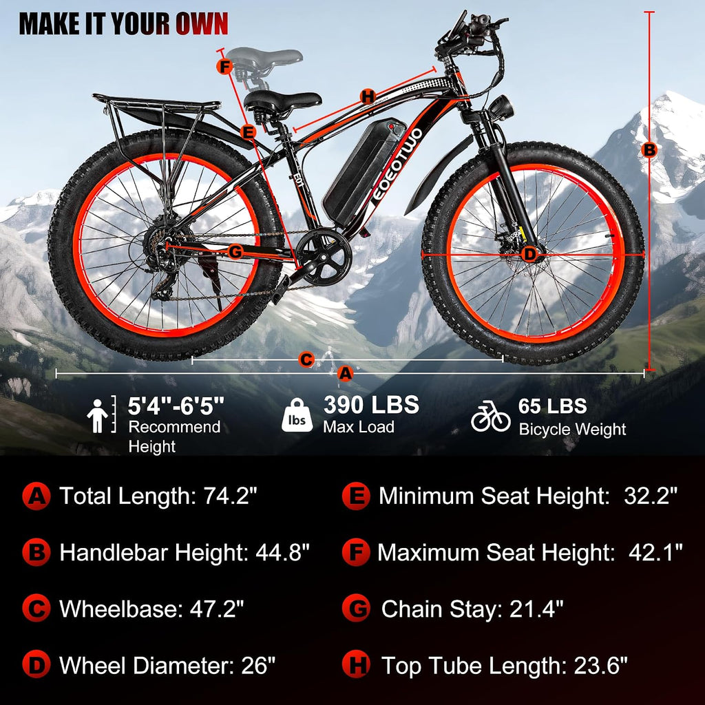 26' Fat tire Electric Bike for Adults,1500W Peak Motor, 60 Miles Range Mountain Ebike,34 MPH Speed,48V 15Ah Removable Battery, Off Road Mountain Commuting for Men,7 Speed