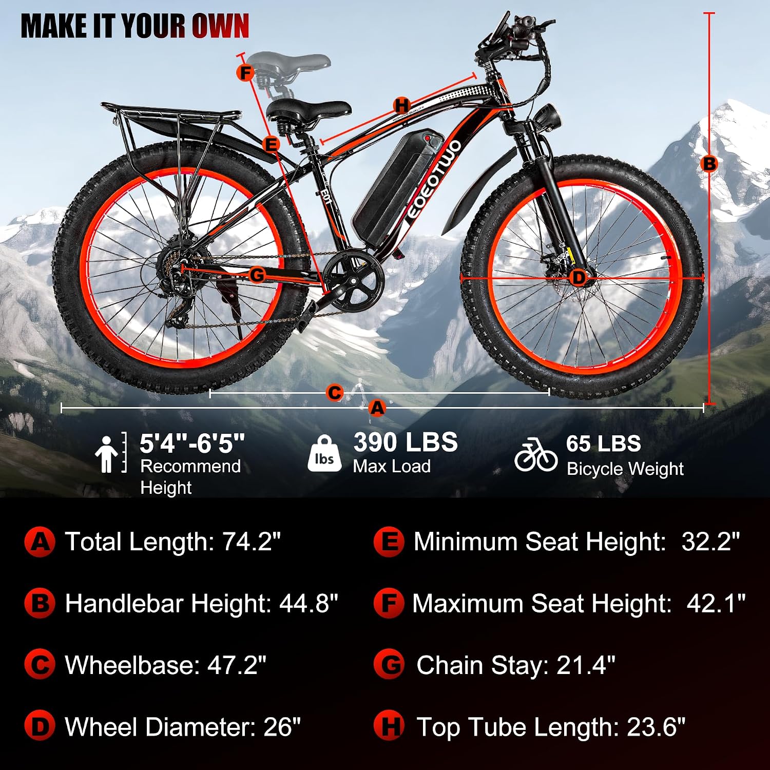 26' Fat tire Electric Bike for Adults,1500W Peak Motor, 60 Miles Range Mountain Ebike,34 MPH Speed,48V 15Ah Removable Battery, Off Road Mountain Commuting for Men,7 Speed