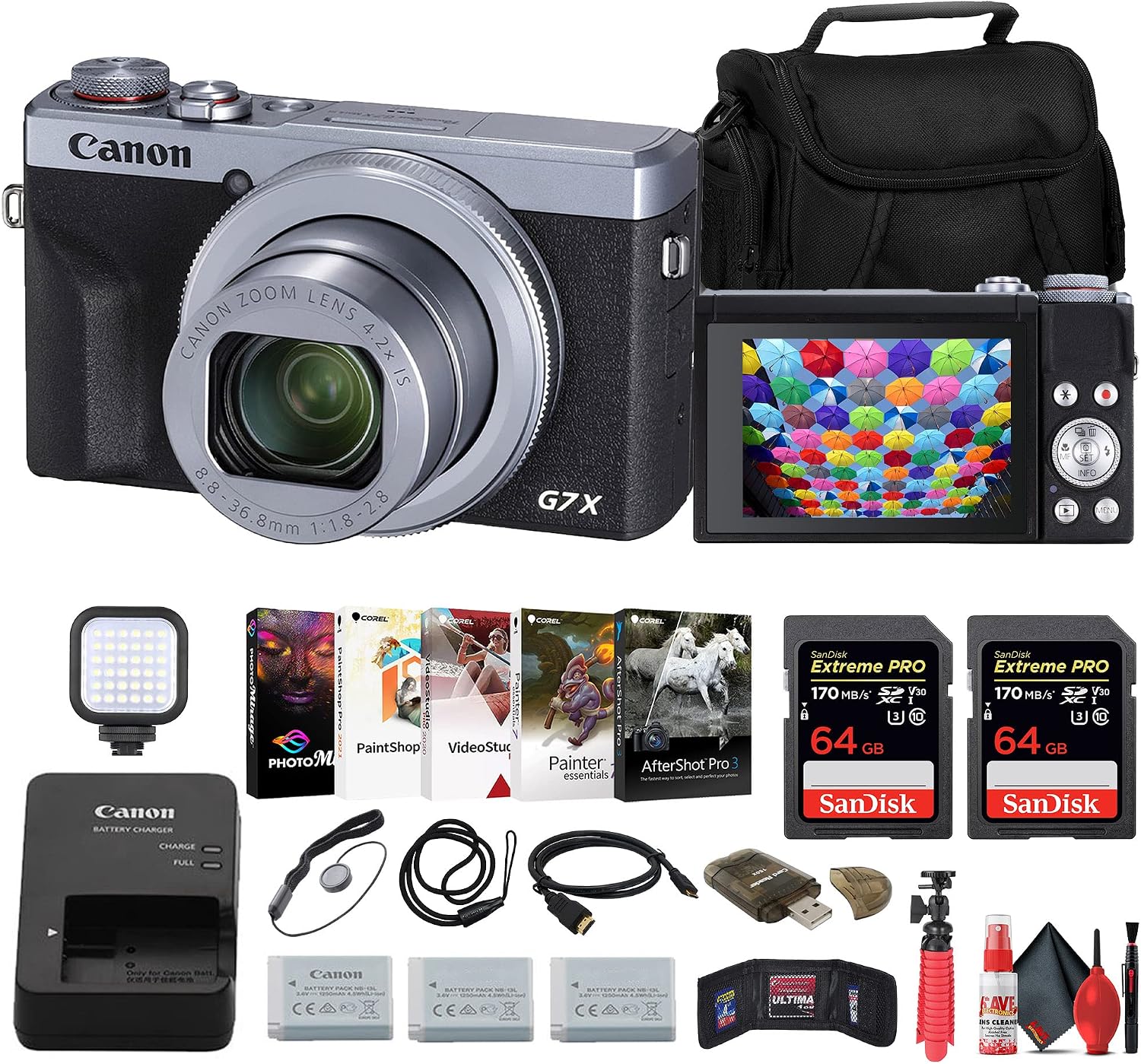Canon PowerShot G7 X Mark III Digital Camera (Silver) (3638C001) + 2 x 64GB Memory Card + 2 x NB13L Battery + Card Reader + LED Light + Corel Photo Software + HDMI Cable + Case + More