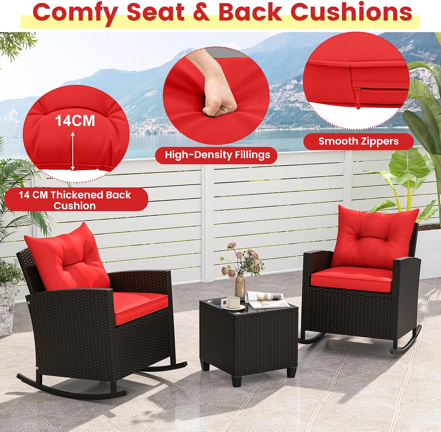 Tangkula 3 Piece Wicker Rocking Set, Patio Rattan Roker Chairs with Tempered Glass Table & Soft Cushions, Outdoor Furniture Set for Backyard, Poolside Porch (Red)