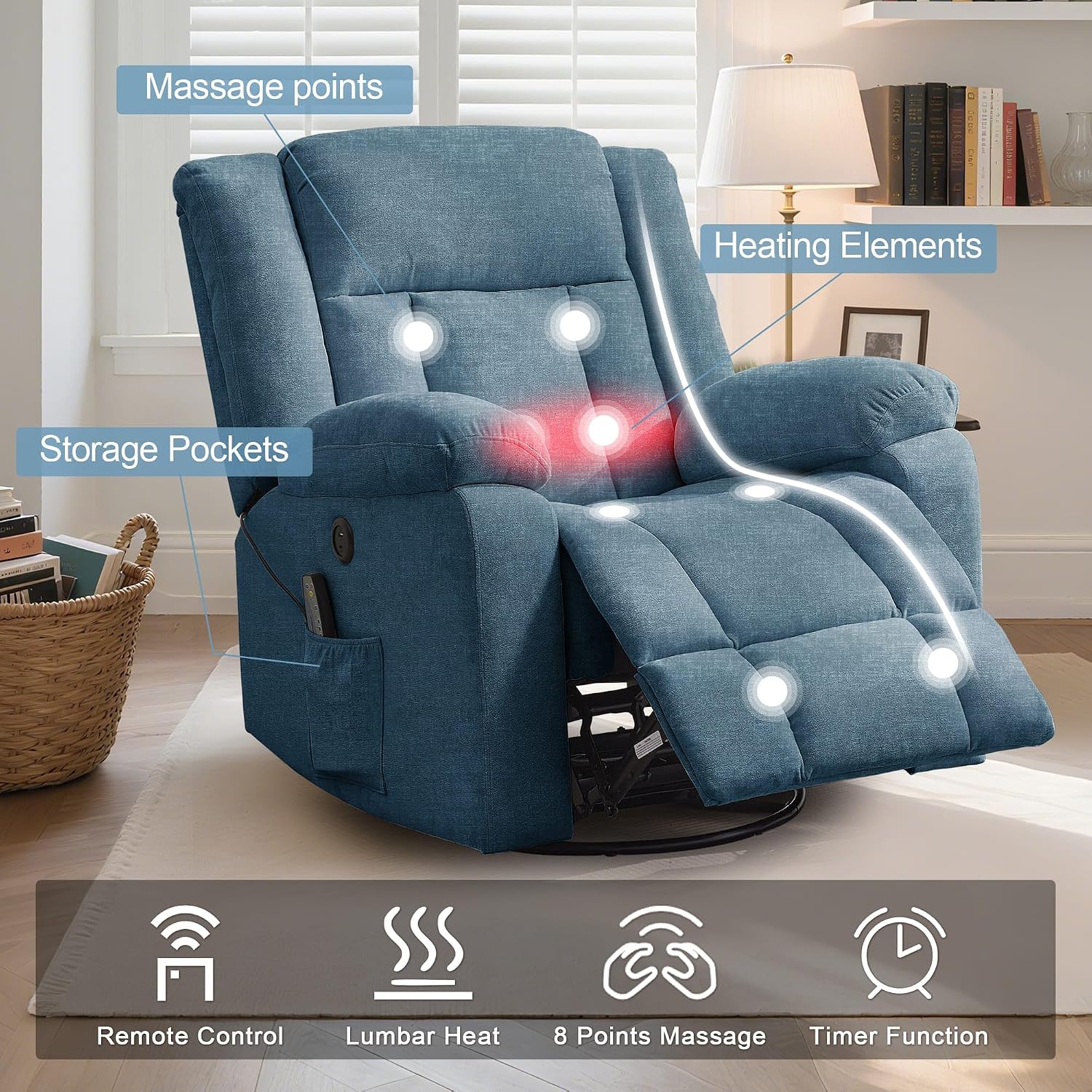 Korser Rocker Recliner, Glider Recliner Chairs for Adults, 360° Swivel Rocking Chair with Massage and Heating, Nursery Chair with Storage and USB Charging for Living Room, Bedroom, Nursery