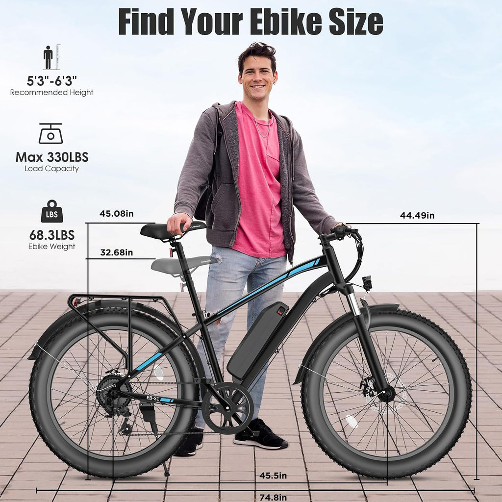 Electric Bike for Adults, 1000W Peak 20MPH 60Miles Ebike,48V 13AH Battery Electric Mountain Bike, 26' x 4'' Fat Tire Electric Bicycle with Rear Rack, Fenders, 7 Speed, UL 2849 Certified