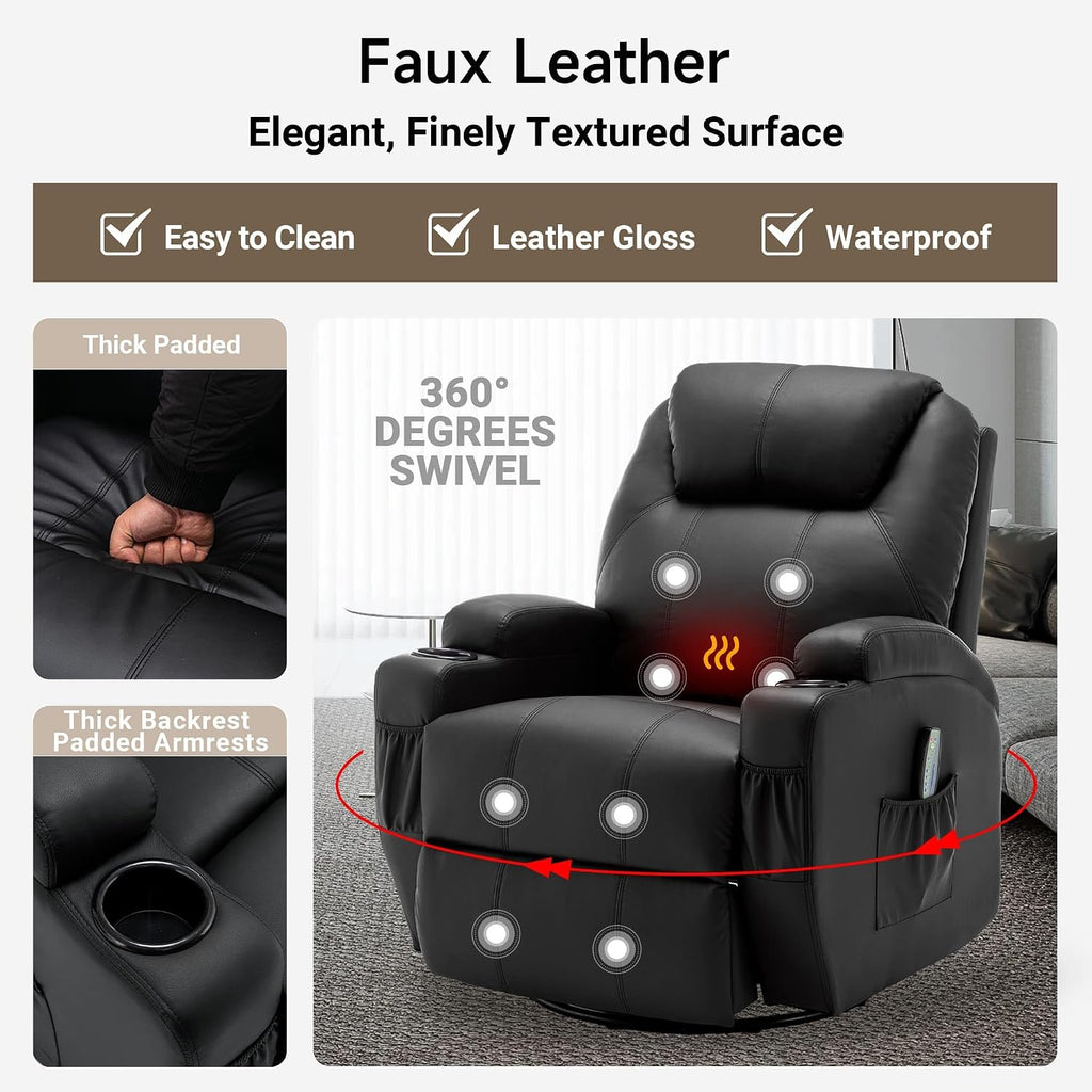 Korser Recliner Chair, Rocking Chair with Massage and Heat, 360° Swivel Recliner Chairs for Adults, Rocker Manual Recliner with Remote Control and Cup Holder for Living Room, Bedroom, Nursery