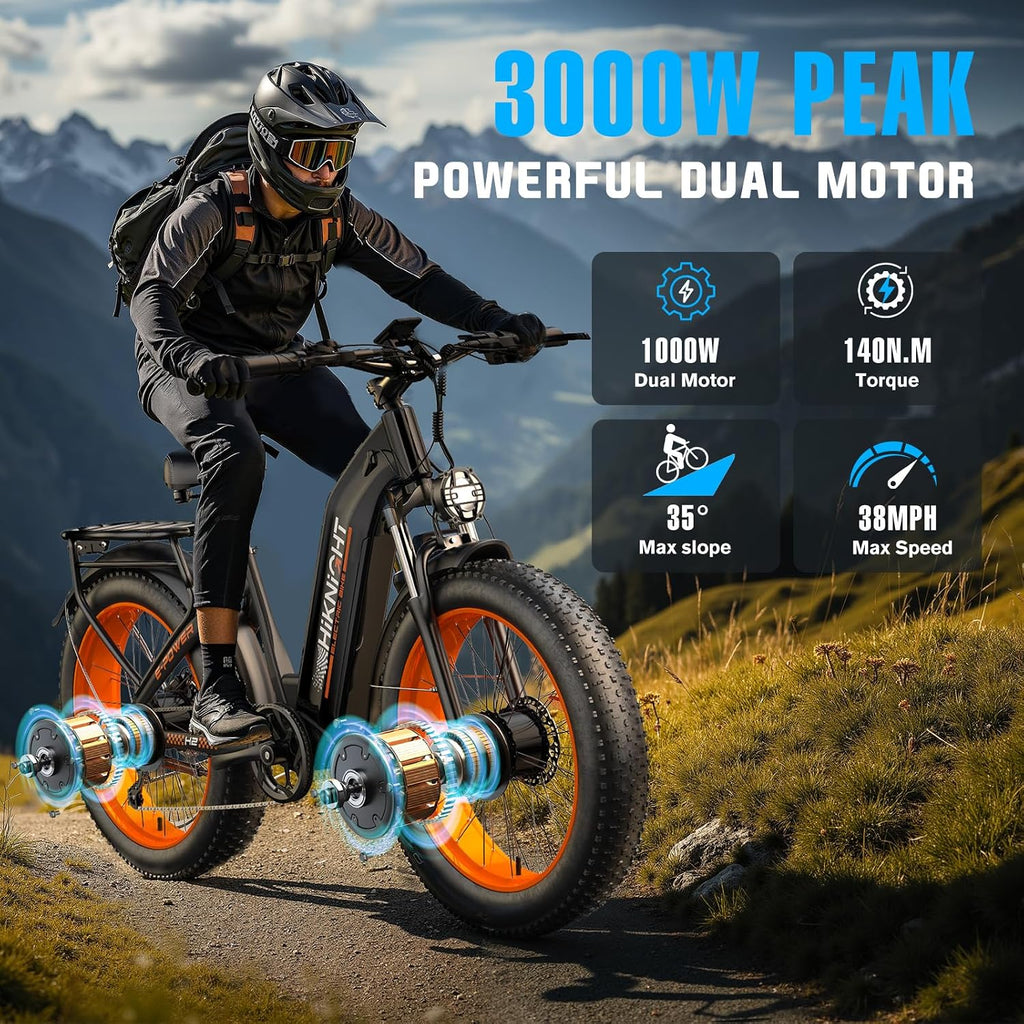 Dual Motor Electric Bike for Adults, 3000W Peak 52V 20AH Battery E Bike 26' x 4.0' Fat Tire Electric Mountain Bike Step-Thru Electric Bicycle for Women/Men, Up to 38MPH, Dual Hydraulic Brake