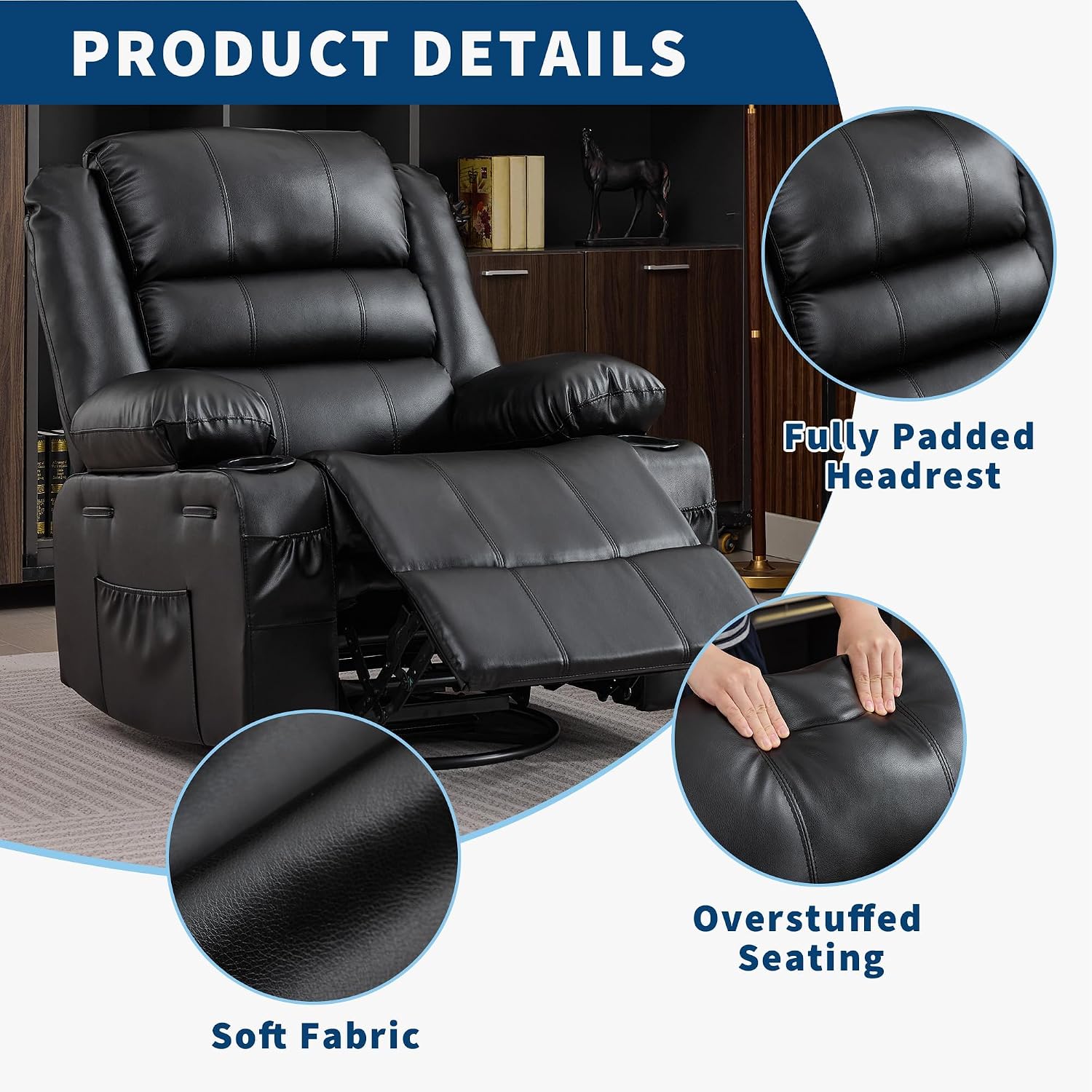 Rocking Recliner Chair for Adults Wide 360° Swivel Rocker Recliner with Cup Holder Nursery Glider with Upholstered Deep Seat PU Leather Comfy Single Sofa for Living Room Black