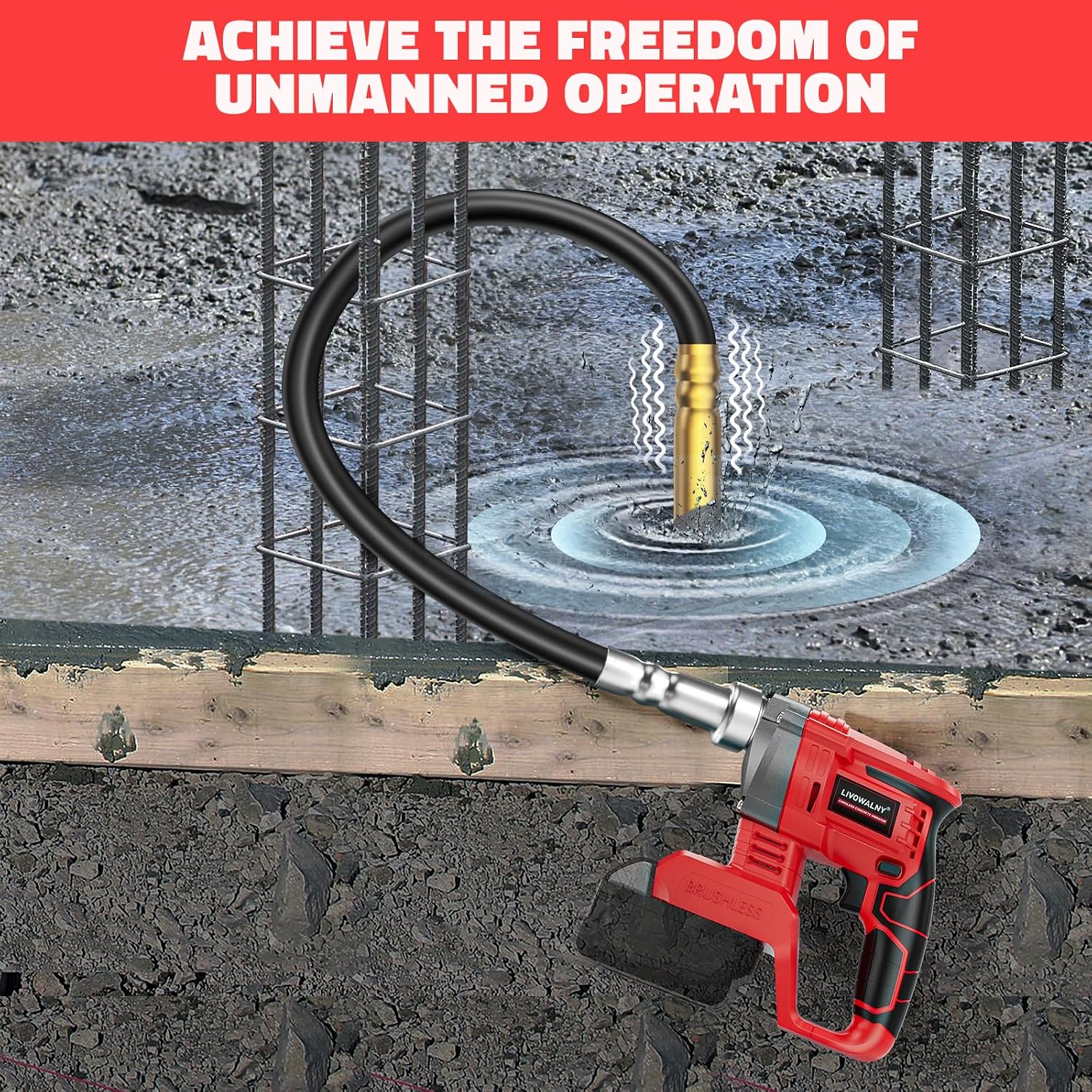 LIVOWALNY Handheld Concrete Vibrating Tool Compatible with Milwaukee 18V Battery (No Battery), 600W Cordless Electric Concrete Vibrator with 3.8ft Shaft Rod, 6000RPM Portable Vibrarator Remove Bubble