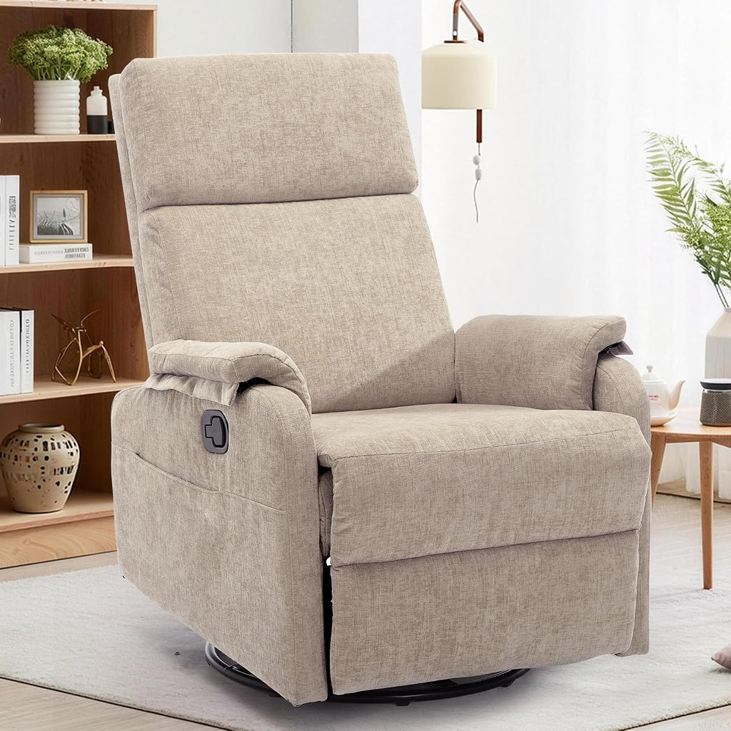 Korser Recliner Chair, Swivel Rocking Recliner Chair for Adults, Glider Rocking Chair, Small Nursery Chair Recliner for Living Room, Reclining Chair with Modern-Designed Armrests, Chenille, Khaki