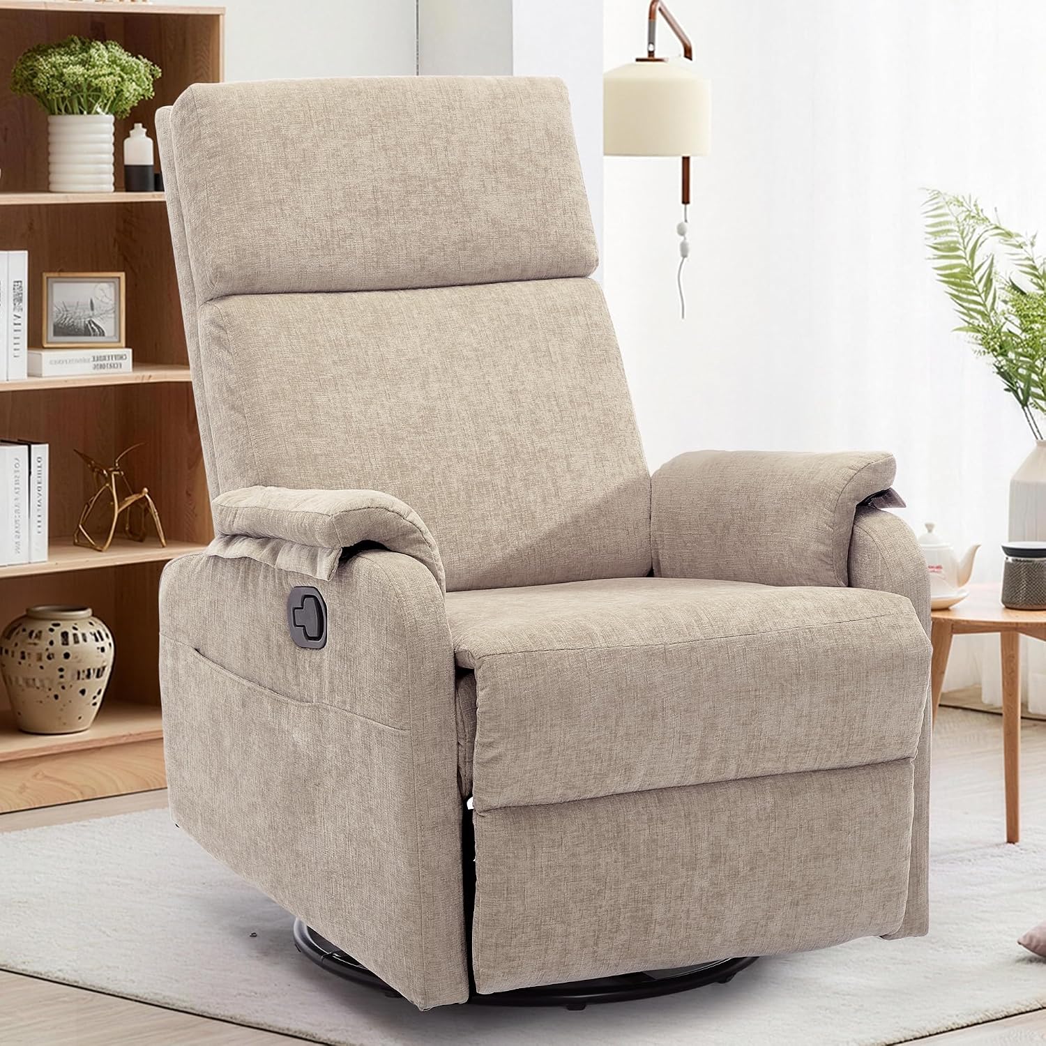 Korser Recliner Chair, Swivel Rocking Recliner Chair for Adults, Glider Rocking Chair, Small Nursery Chair Recliner for Living Room, Reclining Chair with Modern-Designed Armrests, Chenille, Khaki