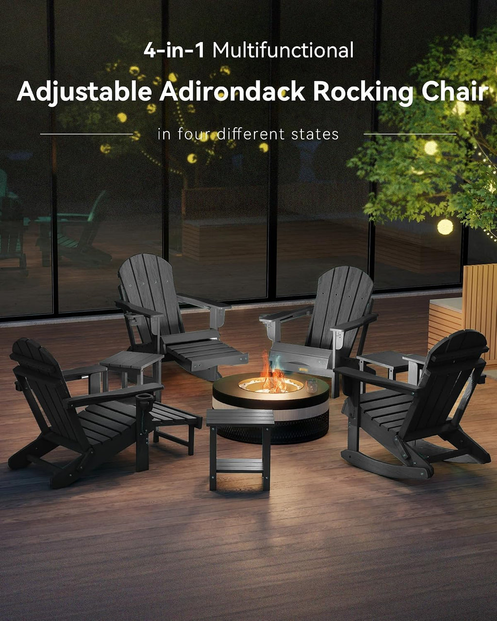 Adjustable Adirondack Rocking Chair with Retractable Ottoman, 4-in-1 Multifunctional Folding Patio Chair with Cup Holder, Outdoor Chair Wood Texture for Lawn, Porch, Backyard, Pool(Black)