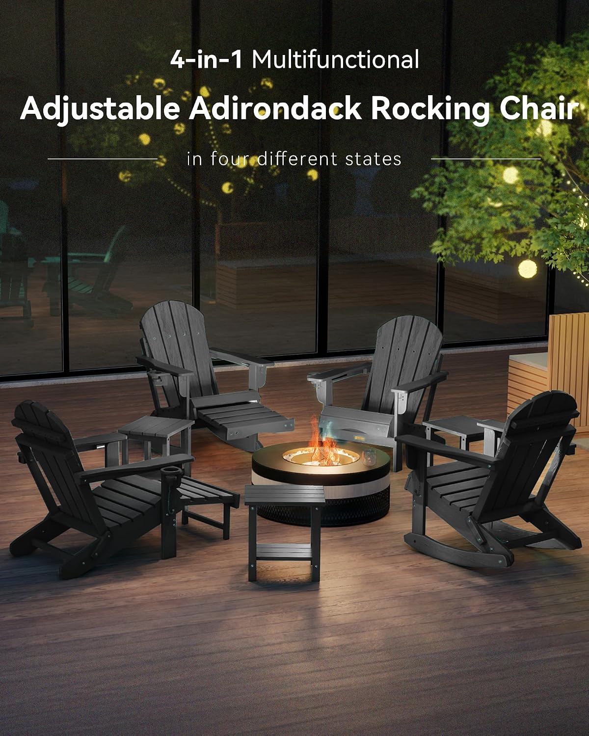 Adjustable Adirondack Rocking Chair with Retractable Ottoman, 4-in-1 Multifunctional Folding Patio Chair with Cup Holder, Outdoor Chair Wood Texture for Lawn, Porch, Backyard, Pool(Black)