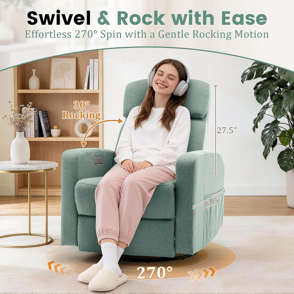Korser Power Swivel Recliner Chairs for Adults, Electric Glider Rocking Chair Nursery, Glider Recliner Nursery Chair with Classified Side Pocket, Nursery Rocking Chairs with USB and Type-C Ports