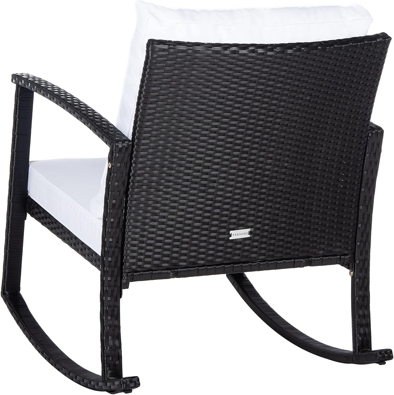 SAFAVIEH Outdoor - Daire Rocking Chair - Black & White - Steel Frame & Faux Rattan with Cushion - Open-Frame Design - Ideal for Patio, Deck, Porch, Backyard, 14.4' Seat Height (PAT7721A)