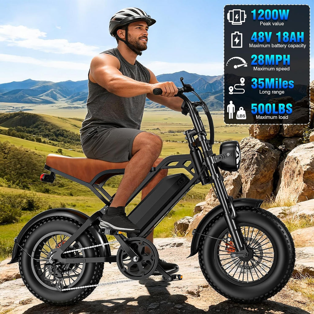 LELEKUAI Electric Bike for Adults, 1200W Peak Power Ebike, 28MPH, 48V 18Ah Removable Battery, 35-Mile Range, 500 LBS Capacity, 16''×4.0'' Fat Tire e-Bike, Moped Electric Bicycle for All-Terrain